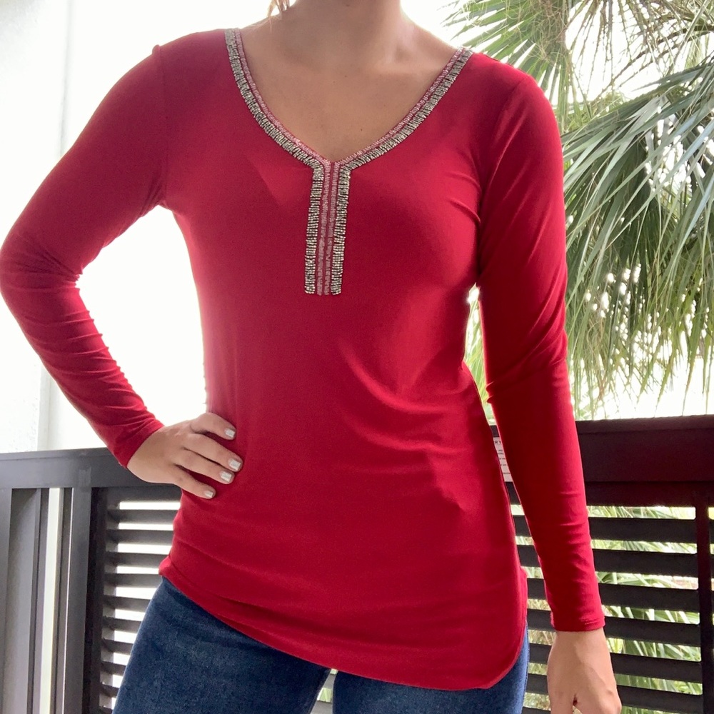 Red Blouse with Beaded Neckline